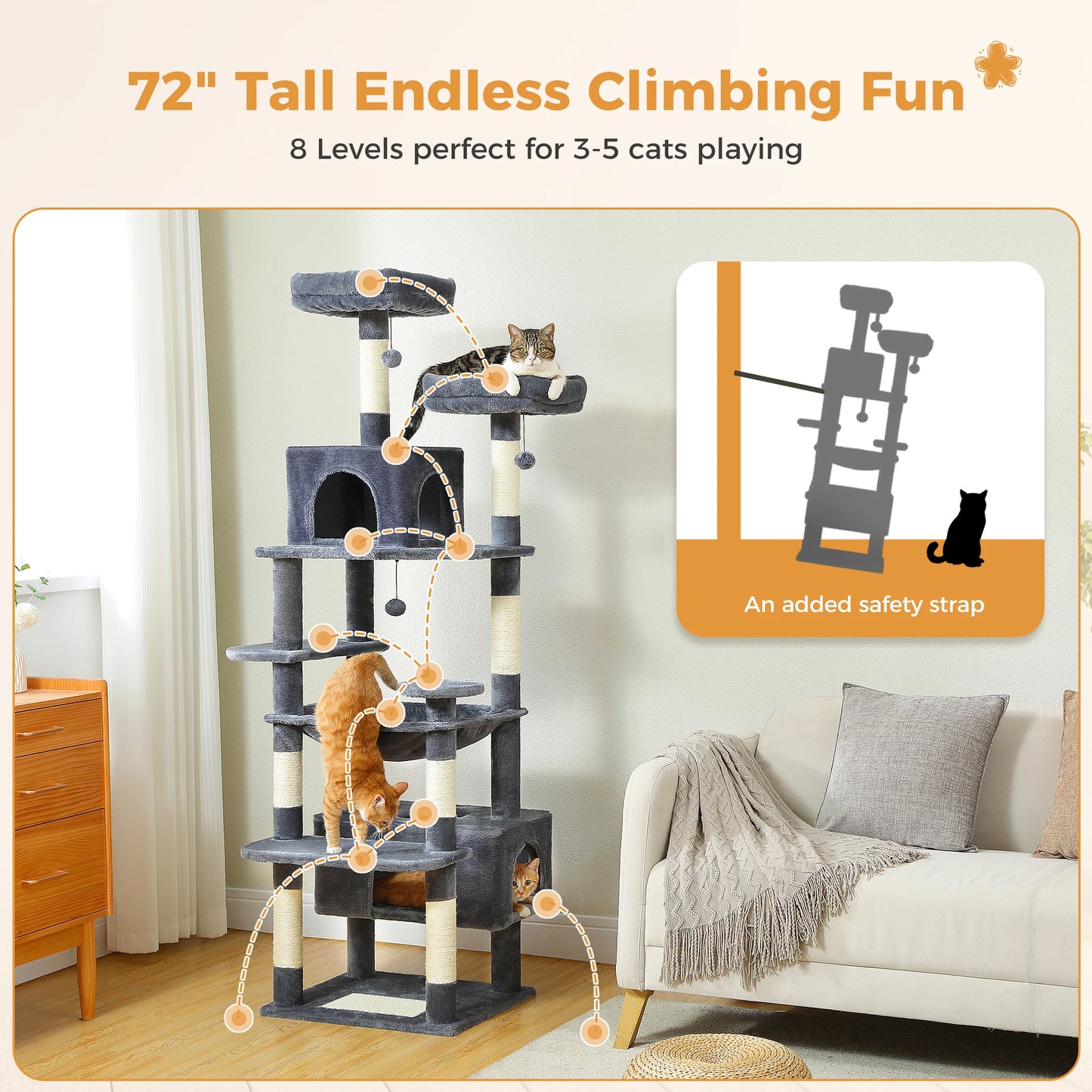 Multi-Level Cat Tree Tower with Scratching Posts &  Board , Hammock, Cat Condo, Spacious Top Perch,Dangling Balls for Indoor Cats