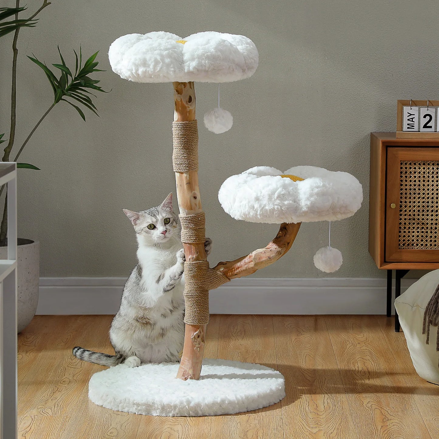 Solid Wood Cat Tree, Modern Cat Tower with Spacious Cat Condo, Flower Perches, Fun Pompom, Double Comfort Perfect for Indoor Kittens