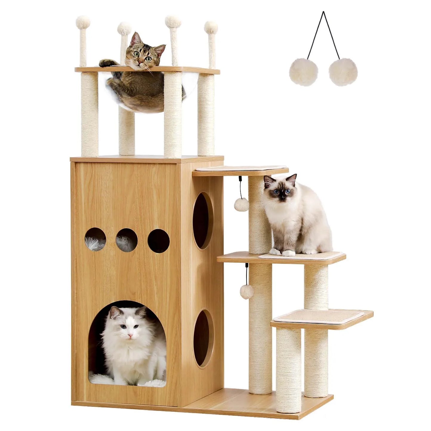 Multi-Level Cat Tree for Indoor Wood Cat , Tower with Scratching Posts Spacious Condo, Hammock Top Perch Cat Scratcher