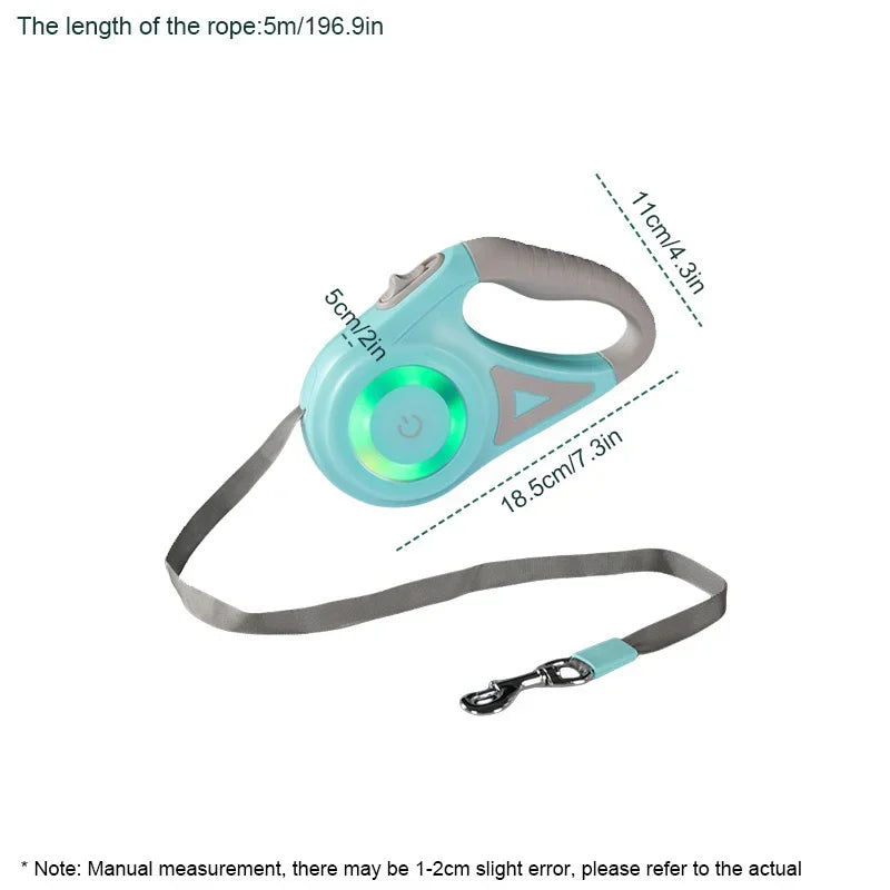 5M Automatic Retractable Dog Leash with Led Flashlight, Durable Nylon Lead for Pet Dogs , Adjustable Walking Running Rope