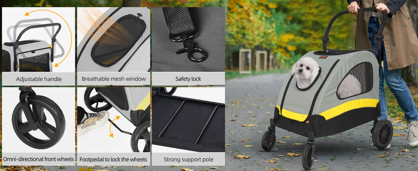 Premium Dog Stroller Pram 4 Wheel Foldable Cart Travel Walk Pet Jogger Wagon for Small Medium Large Dogs