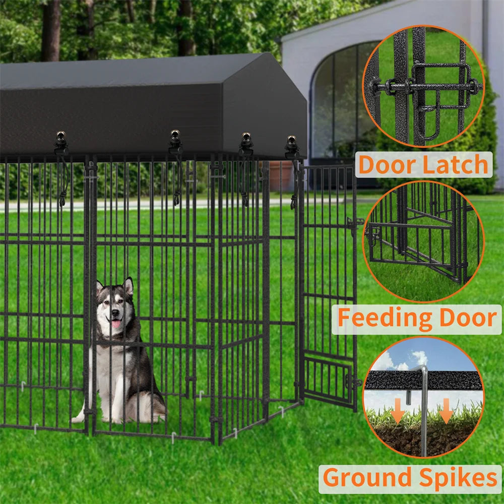 Heavy Duty Large Dog Kennel, Pet Welded Metal Playpen,  Animal Cage with Roof Cover, Pet Run Enclosure , Playpen House Outdoor or Indoor