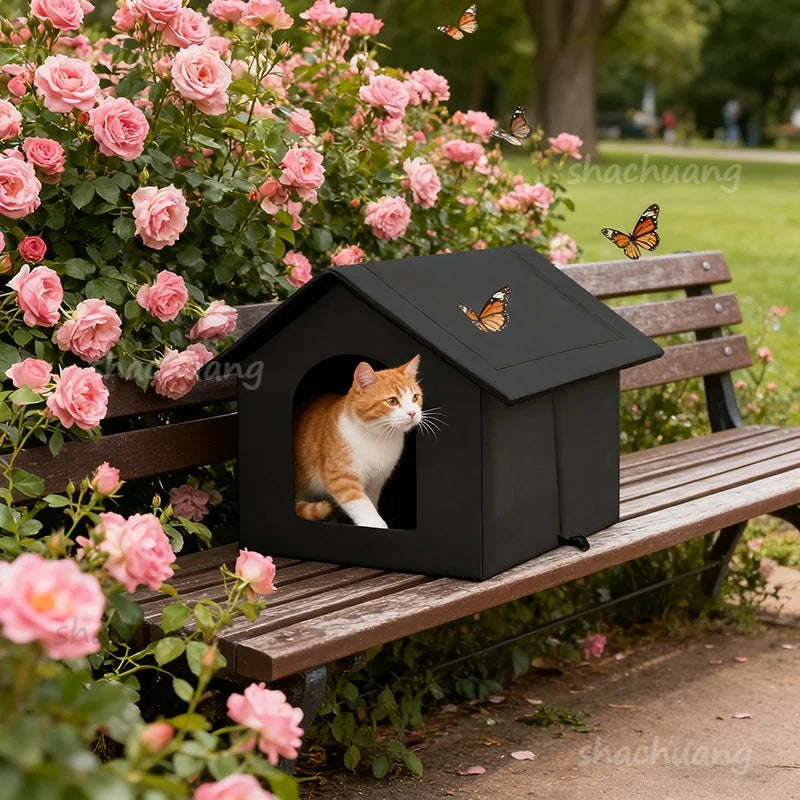 Large Outdoor Insulated Cat & Dog House -Winter Warm Elevated Shelter with Curtain Roof, Sturdy Zipper-Access Door & Stable Base