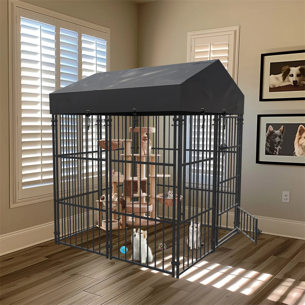 Heavy Duty Large Dog Kennel, Pet Welded Metal Playpen,  Animal Cage with Roof Cover, Pet Run Enclosure , Playpen House Outdoor or Indoor