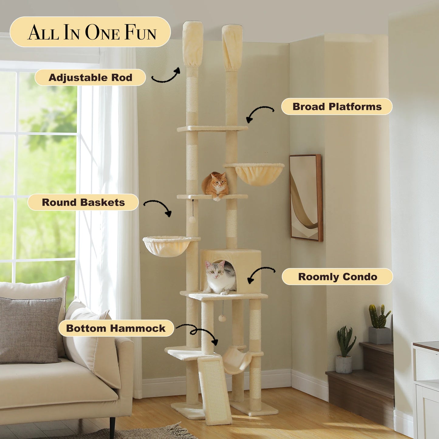 Cactus Cat Tree Floor to Ceiling, Cat Tower 7 Tiers, Cat Climbing Tree with Cozy Hammocks and Condos 5 Platforms, Scratching Posts