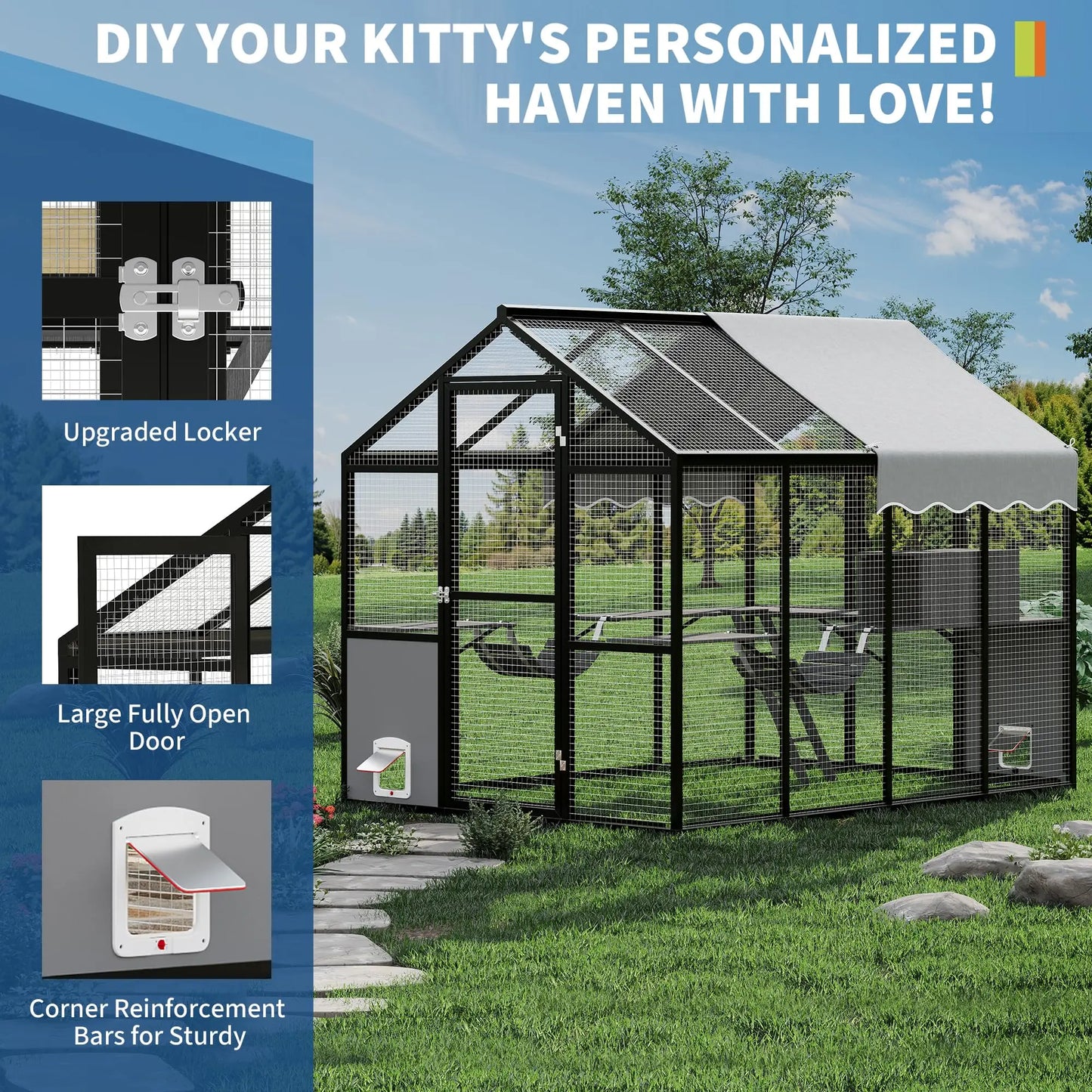Extra Large Aluminum Outdoor Catio Enclosure For Multiple Cats Walk-in Cat Run With UV-Proof Cover Platforms & Adjustable Doors