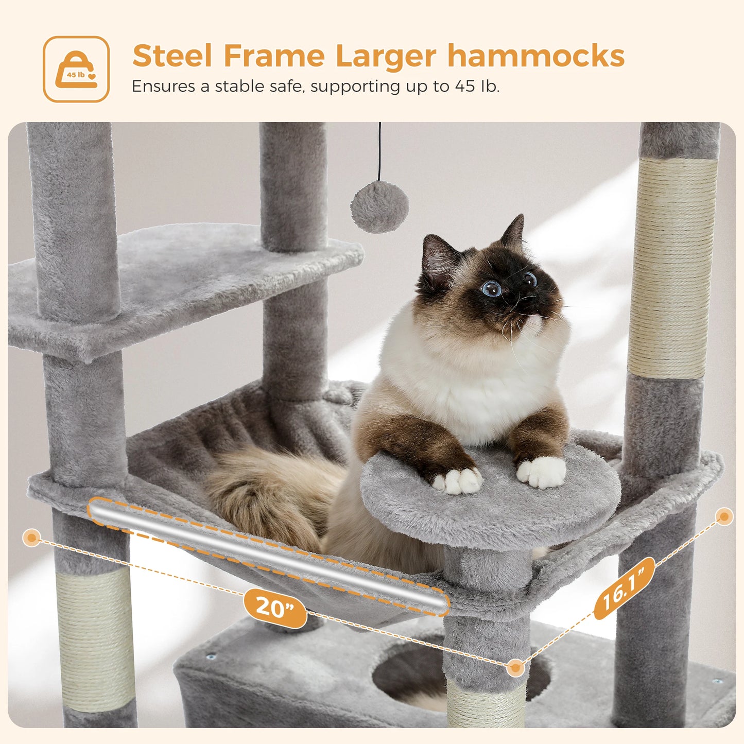 Multi-Level Cat Tree Tower with Scratching Posts &  Board , Hammock, Cat Condo, Spacious Top Perch,Dangling Balls for Indoor Cats