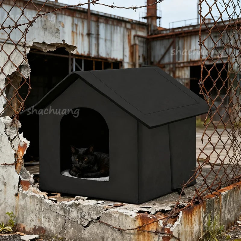 Large Outdoor Insulated Cat & Dog House -Winter Warm Elevated Shelter with Curtain Roof, Sturdy Zipper-Access Door & Stable Base