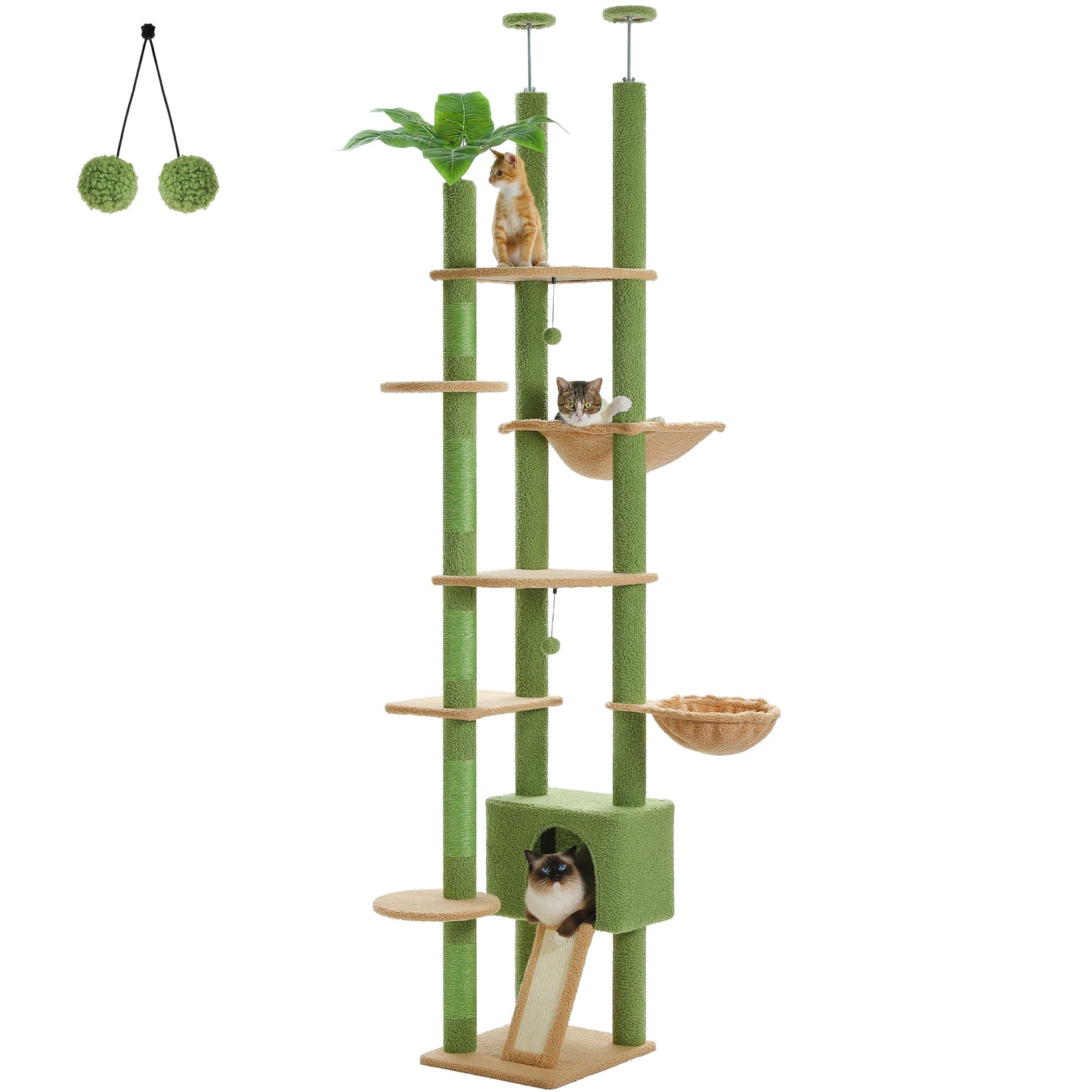 Height Adjustable Wooden Cat Tree with Large Hammock, Sisal Scratching Posts ,Floor to Ceiling Cat Tower ,Cozy Cat Condo for Indoor