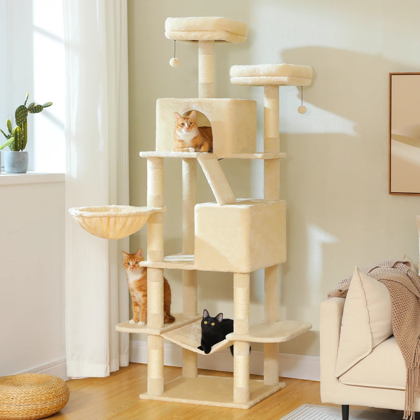 Tall Cat Tree with Scratching Posts Cozy Hammock Top Perch Multi-Level Large Cat Tower Spacious Cat Condo for Indoor Cat Toys