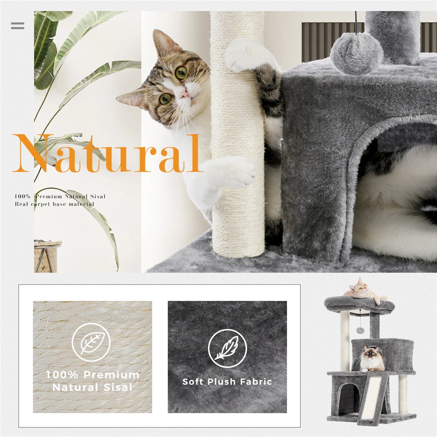 Small Cat Tree Tower with Scratching Pad, Two Large Condos, Cat Scratching Post for Indoor, Kitten House Bed, Cat Accessories