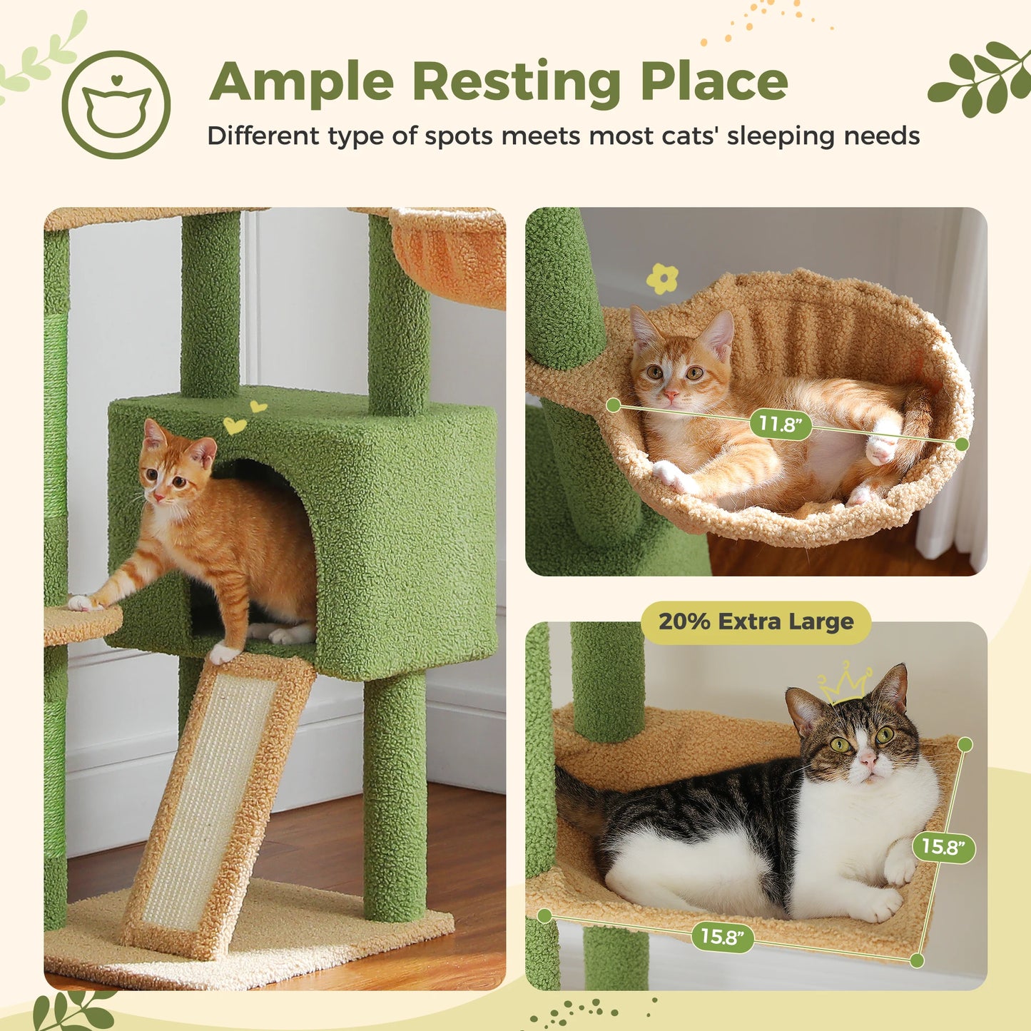 Height Adjustable Wooden Cat Tree with Large Hammock, Sisal Scratching Posts ,Floor to Ceiling Cat Tower ,Cozy Cat Condo for Indoor