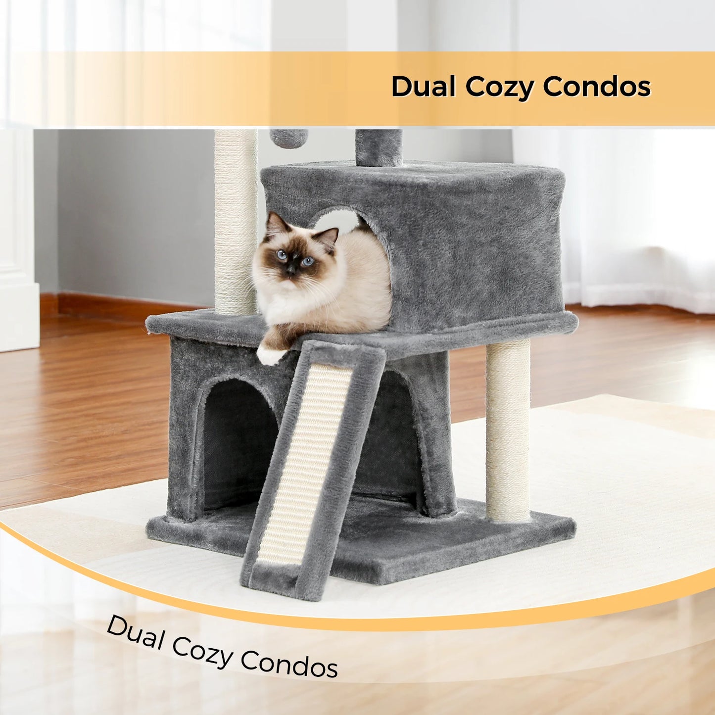 Small Cat Tree Tower with Scratching Pad, Two Large Condos, Cat Scratching Post for Indoor, Kitten House Bed, Cat Accessories