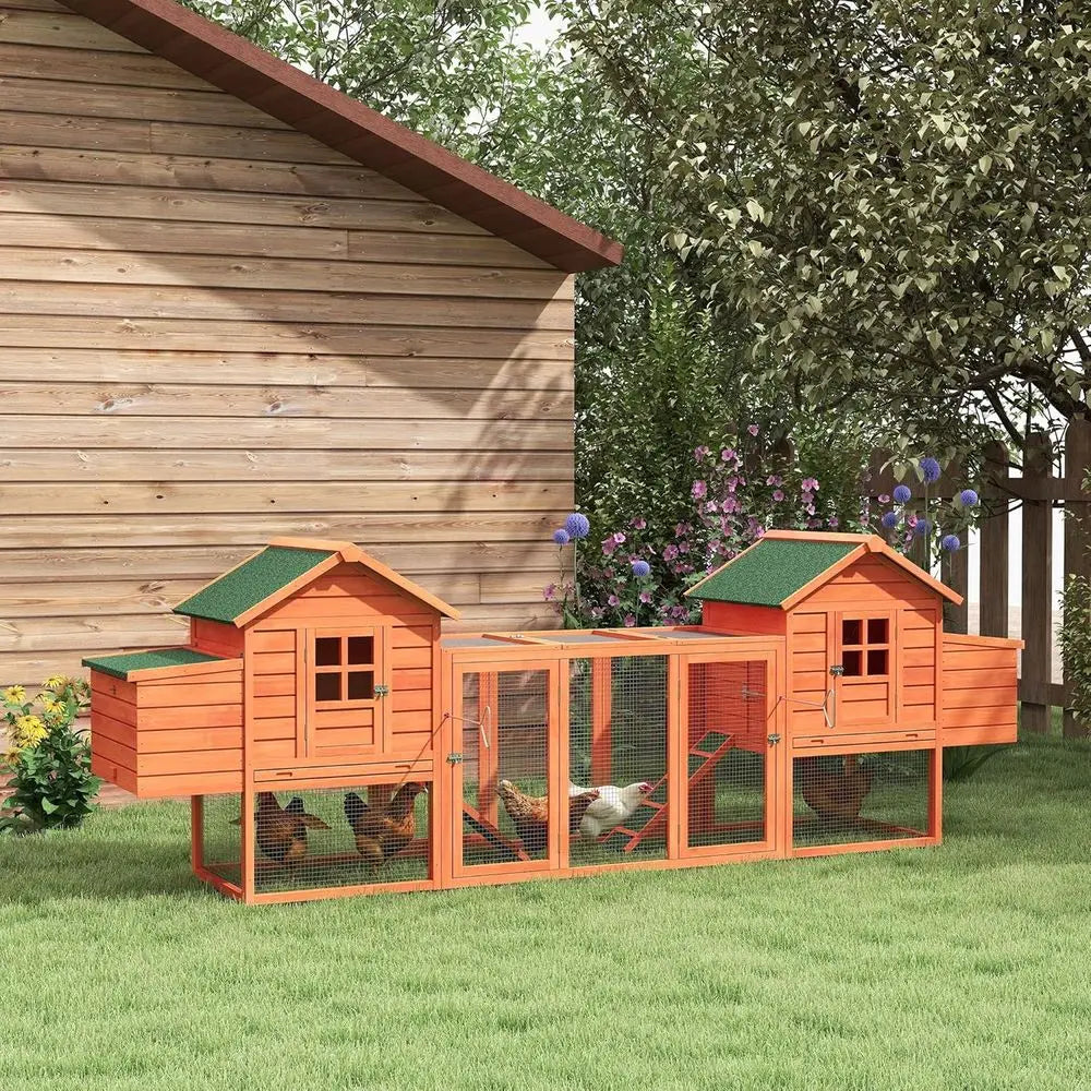 Wooden Chicken Coop, Large Dual-Deck  with Garden Bed, Nesting Boxes, Removable Trays, and Ramps for Backyard, 123L x 27.5W x 42.5