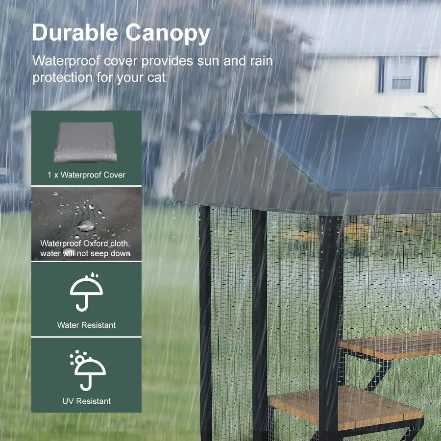Large Outdoor Cat Enclosure for Multiple Cats with Walk-In Access , Waterproof Cover and Sunlight-Reflective Roof Features 7 Plate