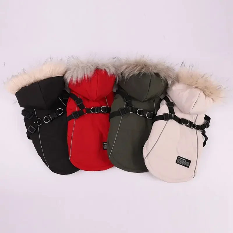 Winter Pet Dog Jacket With Harness, Warm Dog Clothes Waterproof Hooded Coat for Small Medium Dogs Chihuahua French Bulldog Outfit