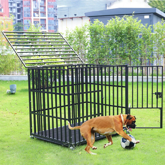 XXL Large Heavy Duty Dog Crate Strong Pet Cage Tear Resistant Square Tube Metal Kennel Playpen with Lockable Wheels and Tray