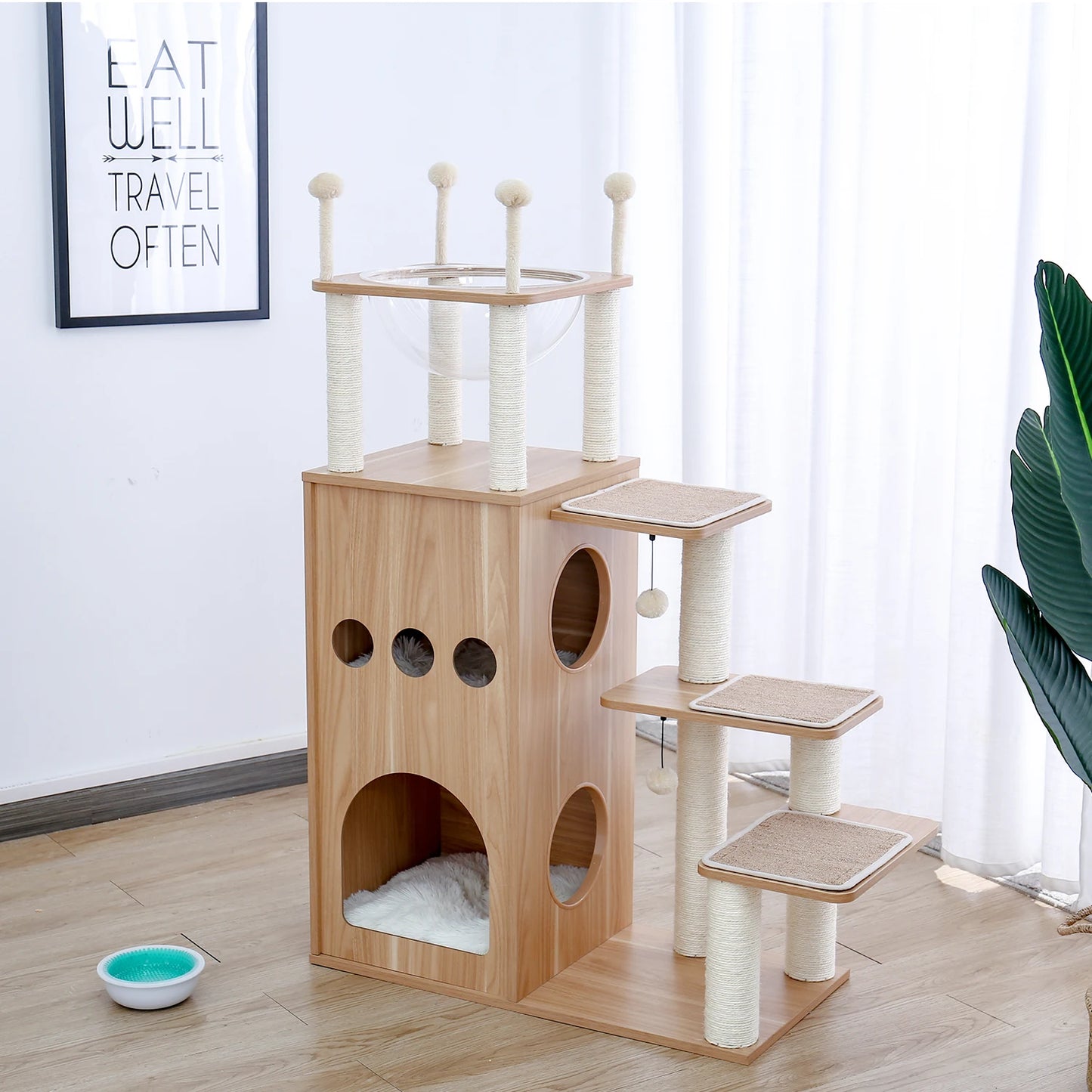 Multi-Level Cat Tree for Indoor Wood Cat , Tower with Scratching Posts Spacious Condo, Hammock Top Perch Cat Scratcher