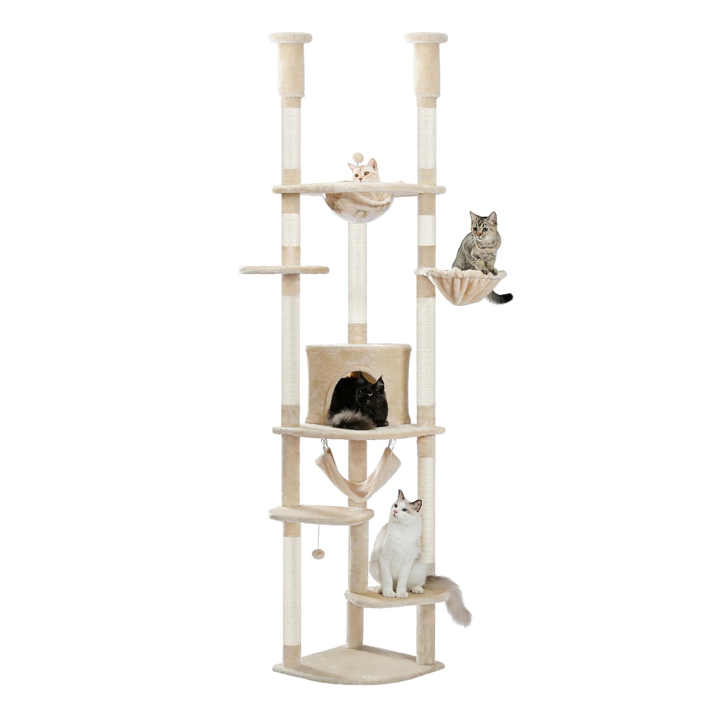 Floor to Ceiling Cat Tree Adjustable, Cat Tower Tall Kitty Climbing Play House with Scratching Posts, Cozy Condo Perches, Hammock
