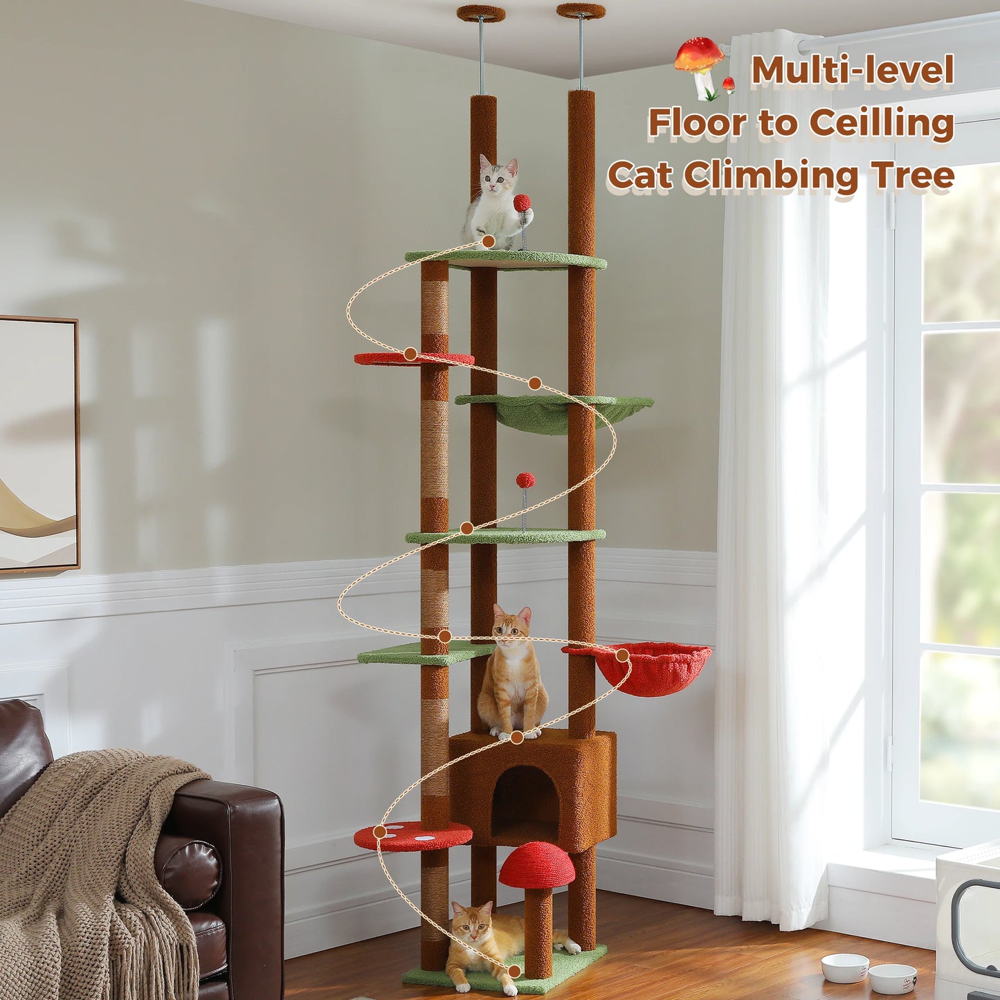 Cat Tree, Floor to Ceiling Cat Tower, Adjustable Height with Cat Condo,, Cozy Hammock and Scratching Post,,Tall Activity Tree Brown