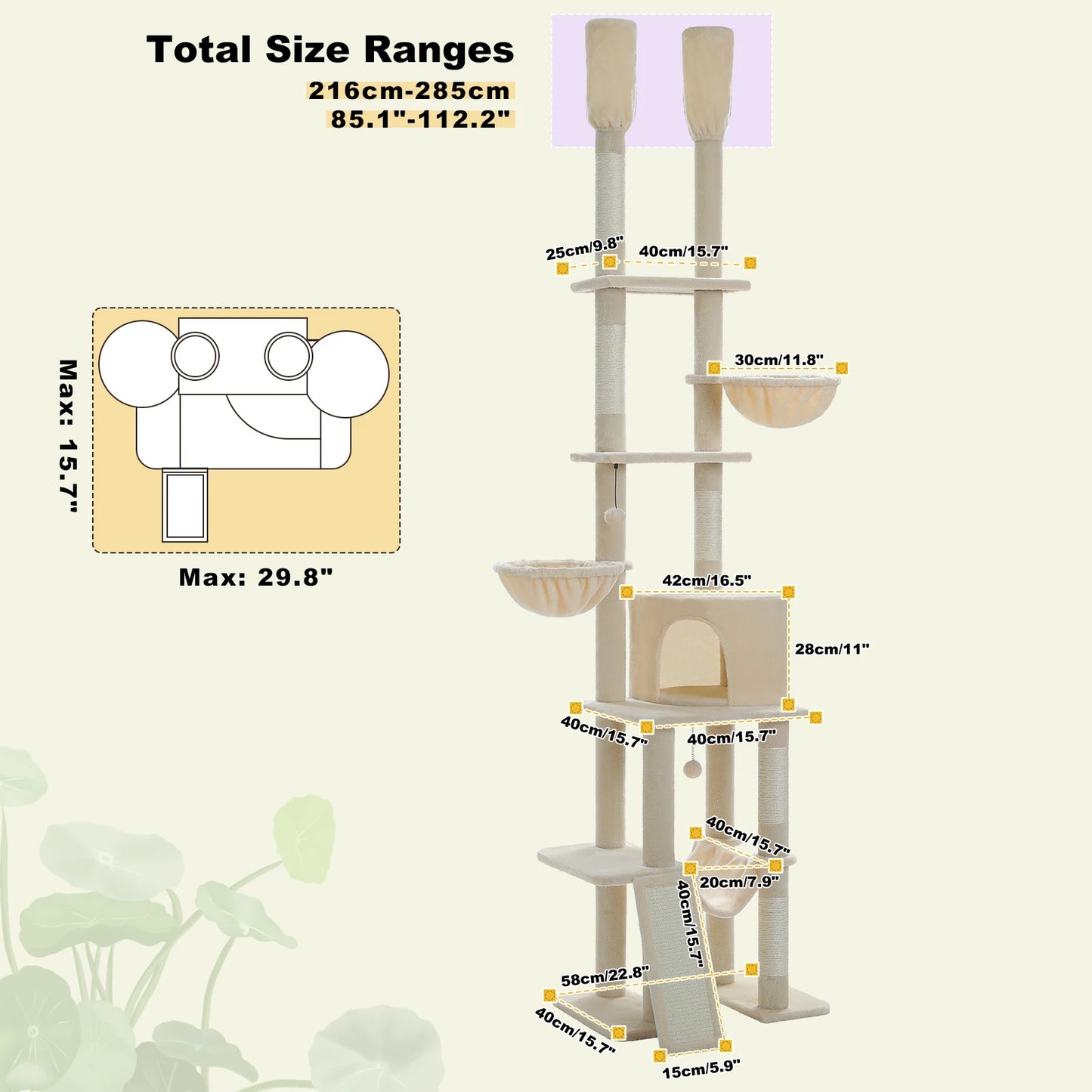 Cactus Cat Tree Floor to Ceiling, Cat Tower 7 Tiers, Cat Climbing Tree with Cozy Hammocks and Condos 5 Platforms, Scratching Posts