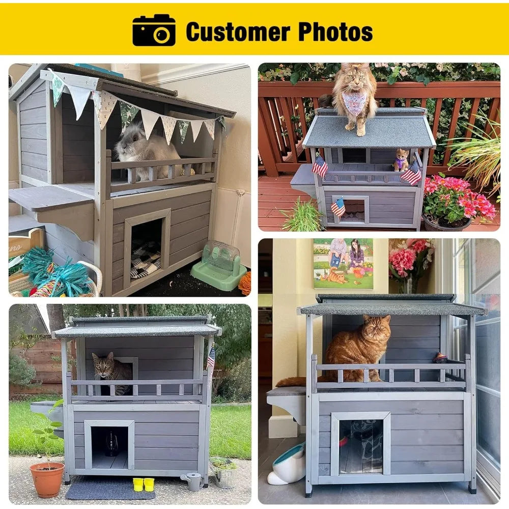 Outdoor Feral Cat House Wooden Kitty Shelter with Large Balcony, Escape Door, Waterproof