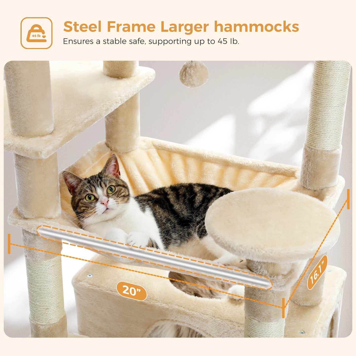 Multi-Level Cat Tree Tower with Scratching Posts &  Board , Hammock, Cat Condo, Spacious Top Perch,Dangling Balls for Indoor Cats