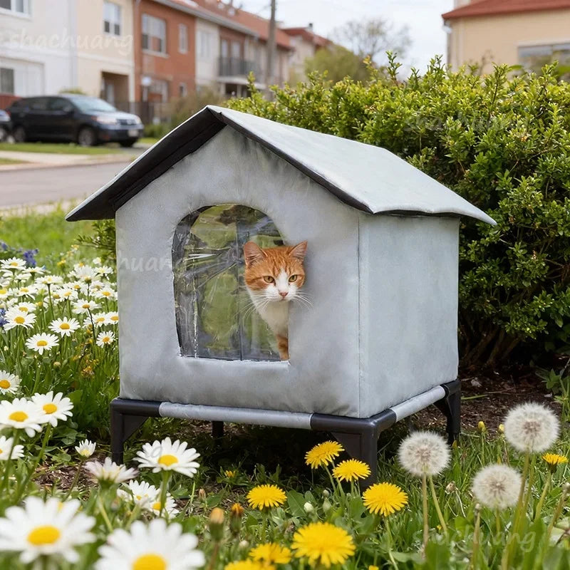 Large Outdoor Insulated Cat & Dog House -Winter Warm Elevated Shelter with Curtain Roof, Sturdy Zipper-Access Door & Stable Base