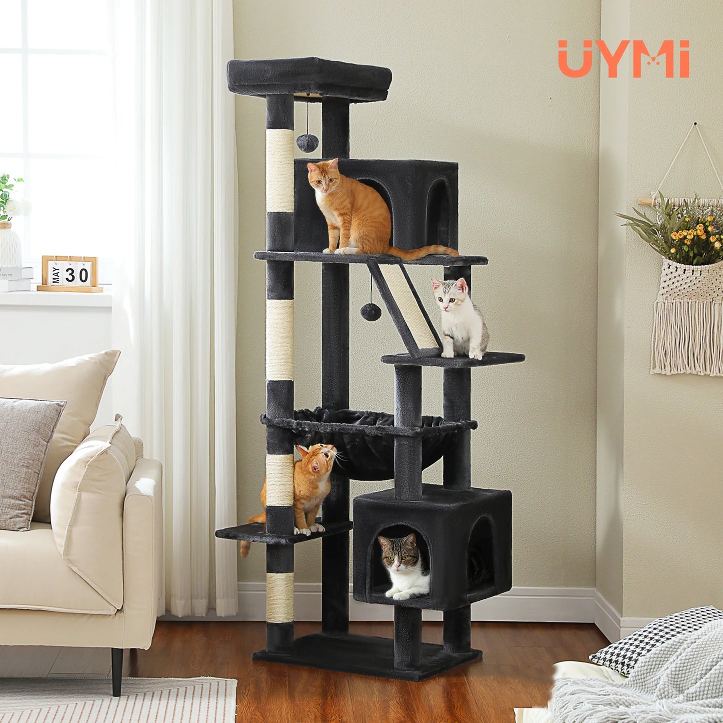 Tall Cat Tree with Scratching Posts Cozy Hammock Top Perch Multi-Level Large Cat Tower Spacious Cat Condo for Indoor Cat Toys