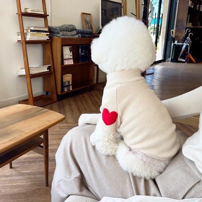 Winter Dog Shirt Heart-shaped Patch, Embroidery Sweatshirt, Chihuahua Breathable Warm Shirt, Puppy Outdoor Clothes