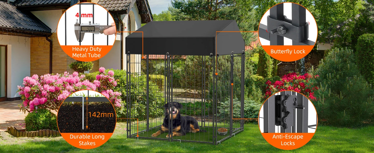 Heavy Duty Large Dog Kennel, Pet Welded Metal Playpen,  Animal Cage with Roof Cover, Pet Run Enclosure , Playpen House Outdoor or Indoor