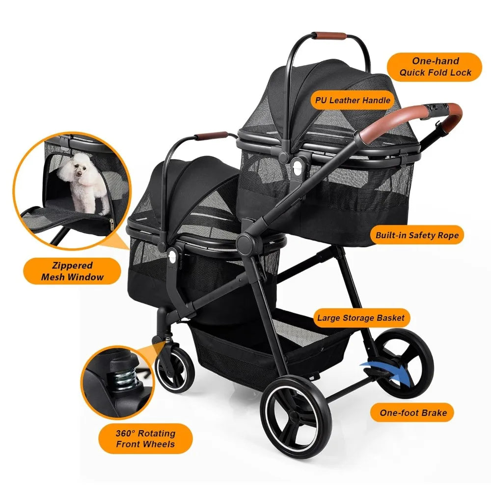 Foldable Double Pet Stroller for 2 Small Medium Cats Dogs, Lightweight Single and Double Integrated Pet Stroller