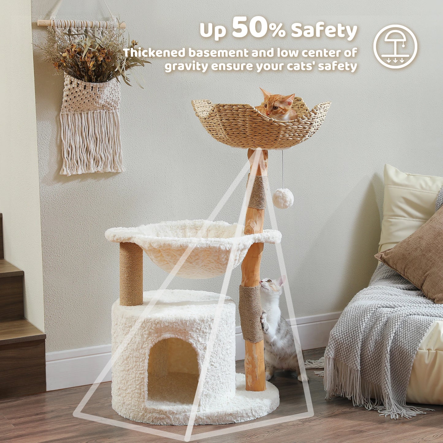 Solid Wood Cat Tree, Modern Cat Tower with Spacious Cat Condo, Flower Perches, Fun Pompom, Double Comfort Perfect for Indoor Kittens