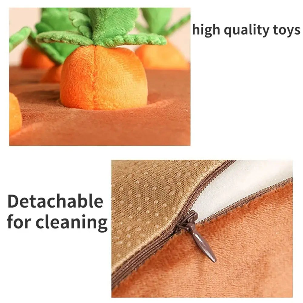 Plush carrot dog reinforced puzzle toy for interactive play, mental stimulation and foraging carrot patch dog puzzle toy