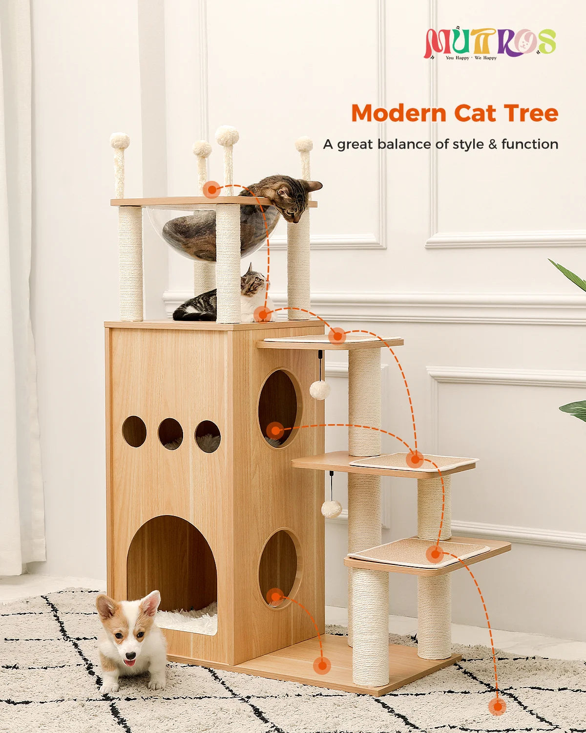 Multi-Level Cat Tree for Indoor Wood Cat , Tower with Scratching Posts Spacious Condo, Hammock Top Perch Cat Scratcher