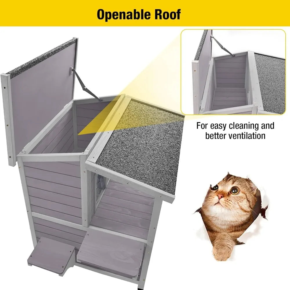 Outdoor Feral Cat House Wooden Kitty Shelter with Large Balcony, Escape Door, Waterproof