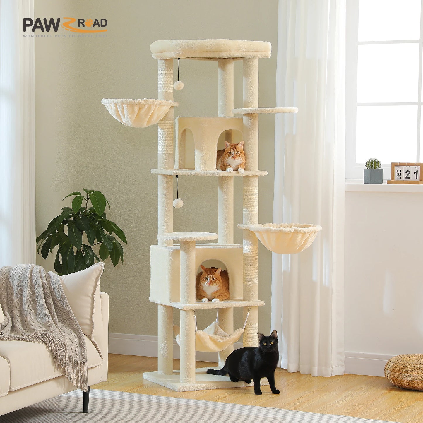 Tall Cat Tree with Scratching Posts Cozy Hammock Top Perch Multi-Level Large Cat Tower Spacious Cat Condo for Indoor Cat Toys
