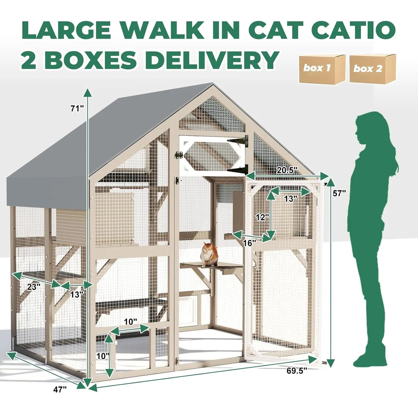 71" H Catio Outdoor Cat Enclosure Weatherproof, Large Walk-in Cat House Attached Window for Multiple Cats, Customized