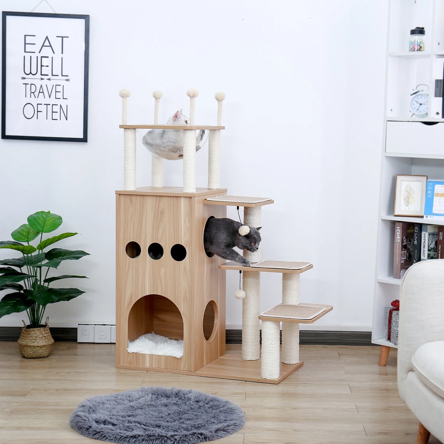 Multi-Level Cat Tree for Indoor Wood Cat , Tower with Scratching Posts Spacious Condo, Hammock Top Perch Cat Scratcher