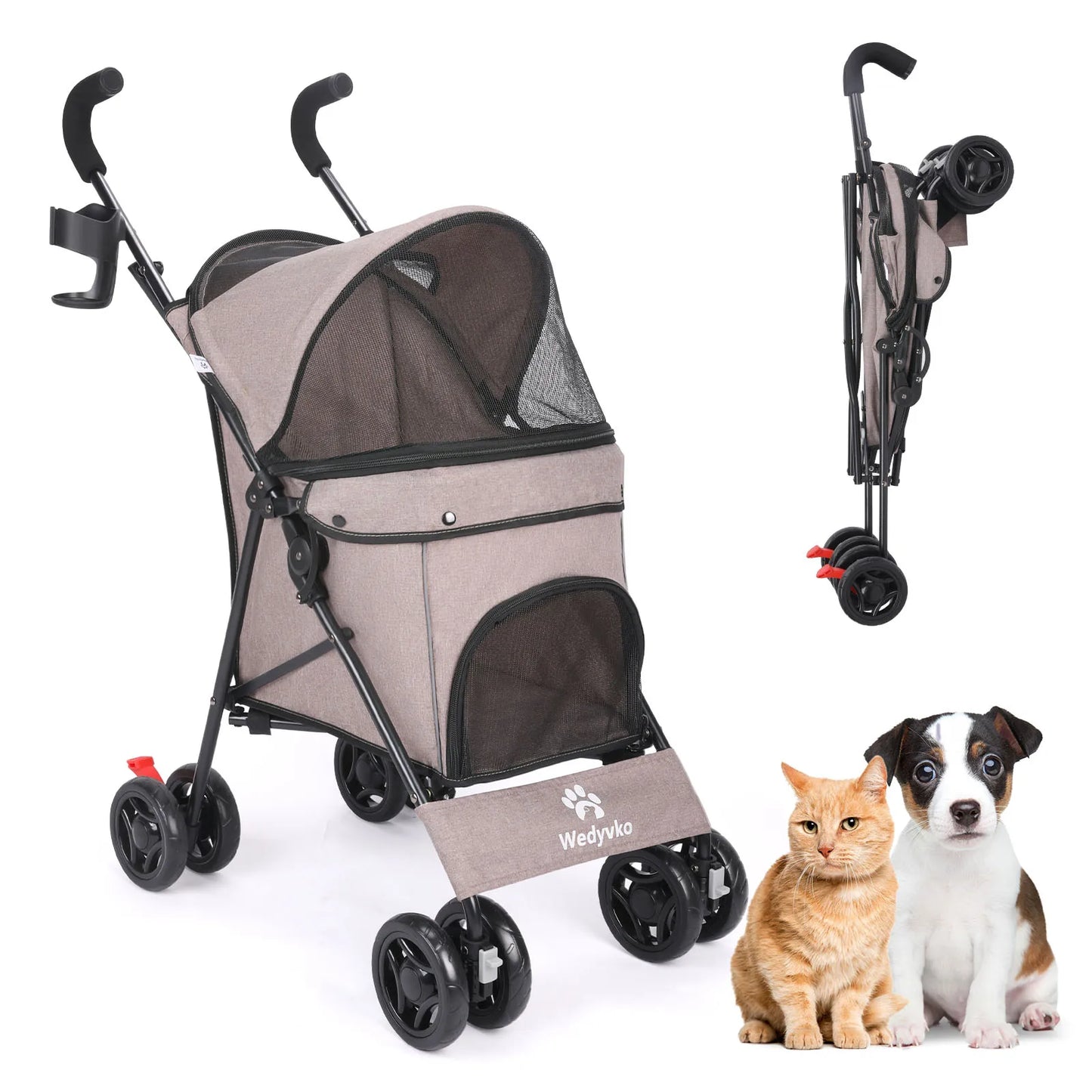Wedyvko Pet Dog Stroller 4 Wheels, Puppy Stroller Rotate with Brakes Storage for Dogs Cats