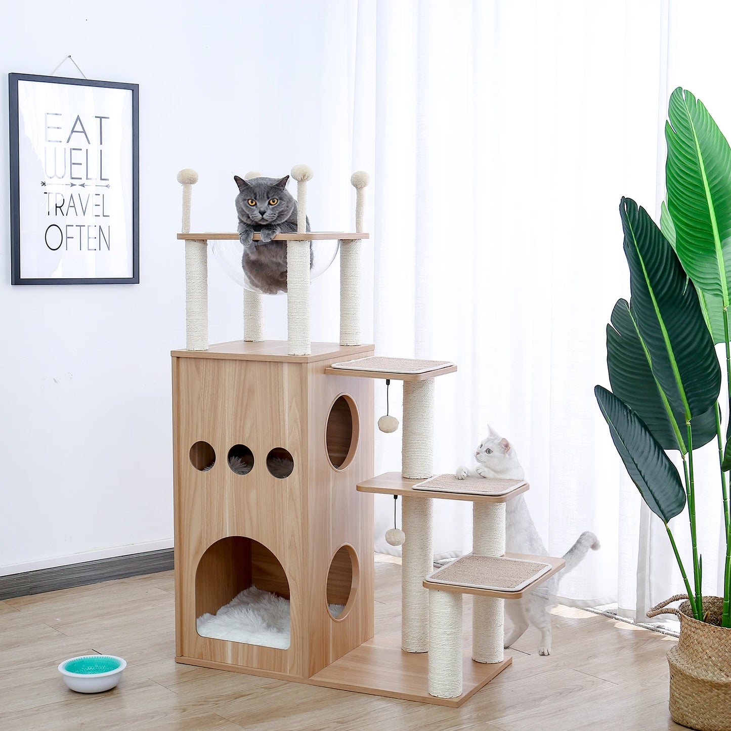 Multi-Level Cat Tree for Indoor Wood Cat , Tower with Scratching Posts Spacious Condo, Hammock Top Perch Cat Scratcher
