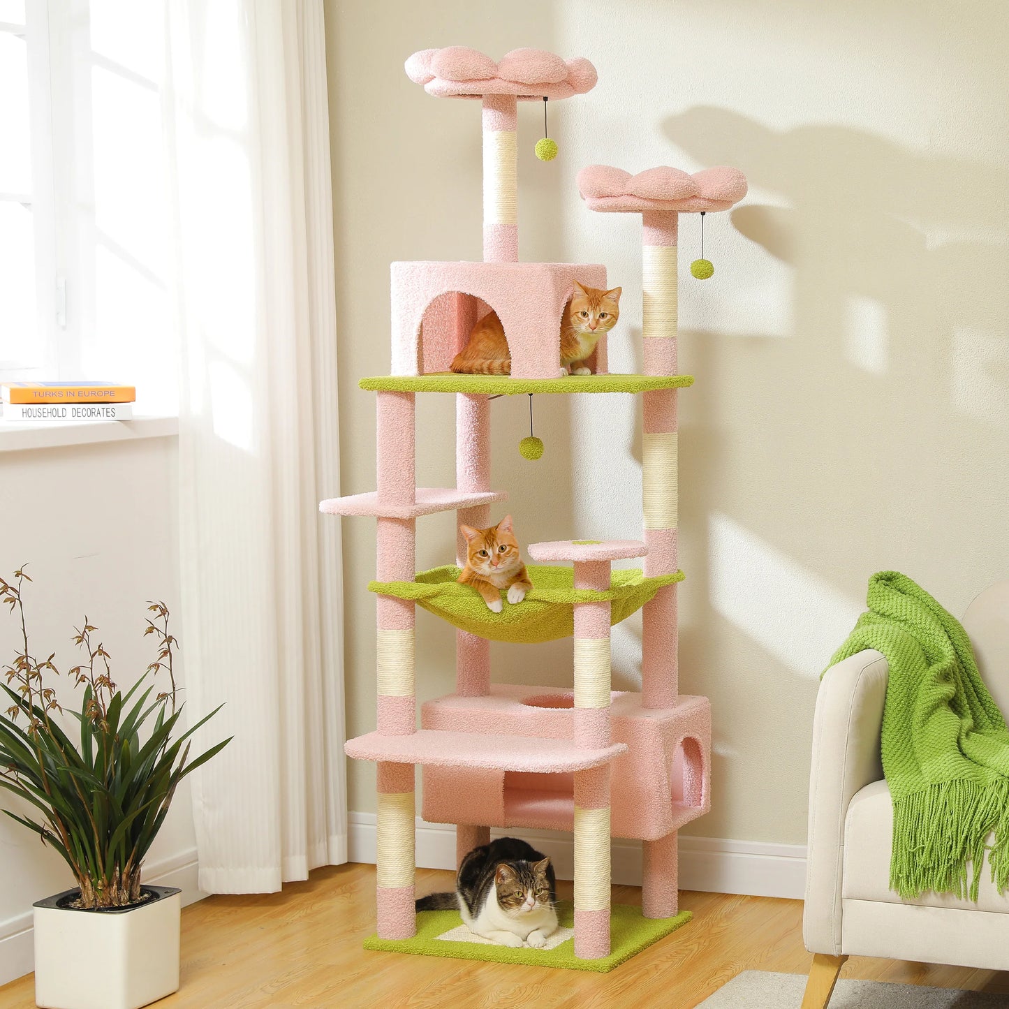 Multi-Level Cat Tree Tower with Scratching Posts &  Board , Hammock, Cat Condo, Spacious Top Perch,Dangling Balls for Indoor Cats