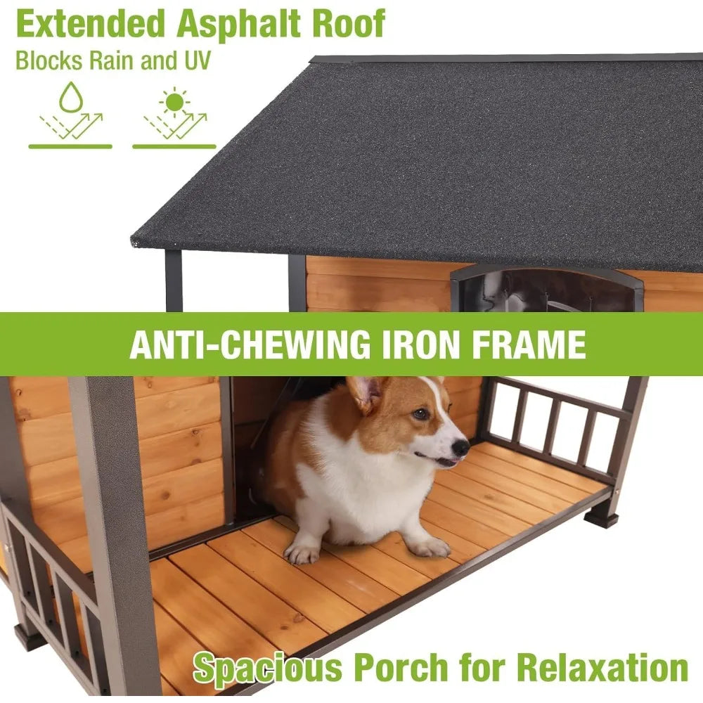 Large Dog House, Outdoor for Large Breed Dogs, Insulated Dog Kennel Outside, Metal Frame, Weatherproof Dog Shelter with Porch