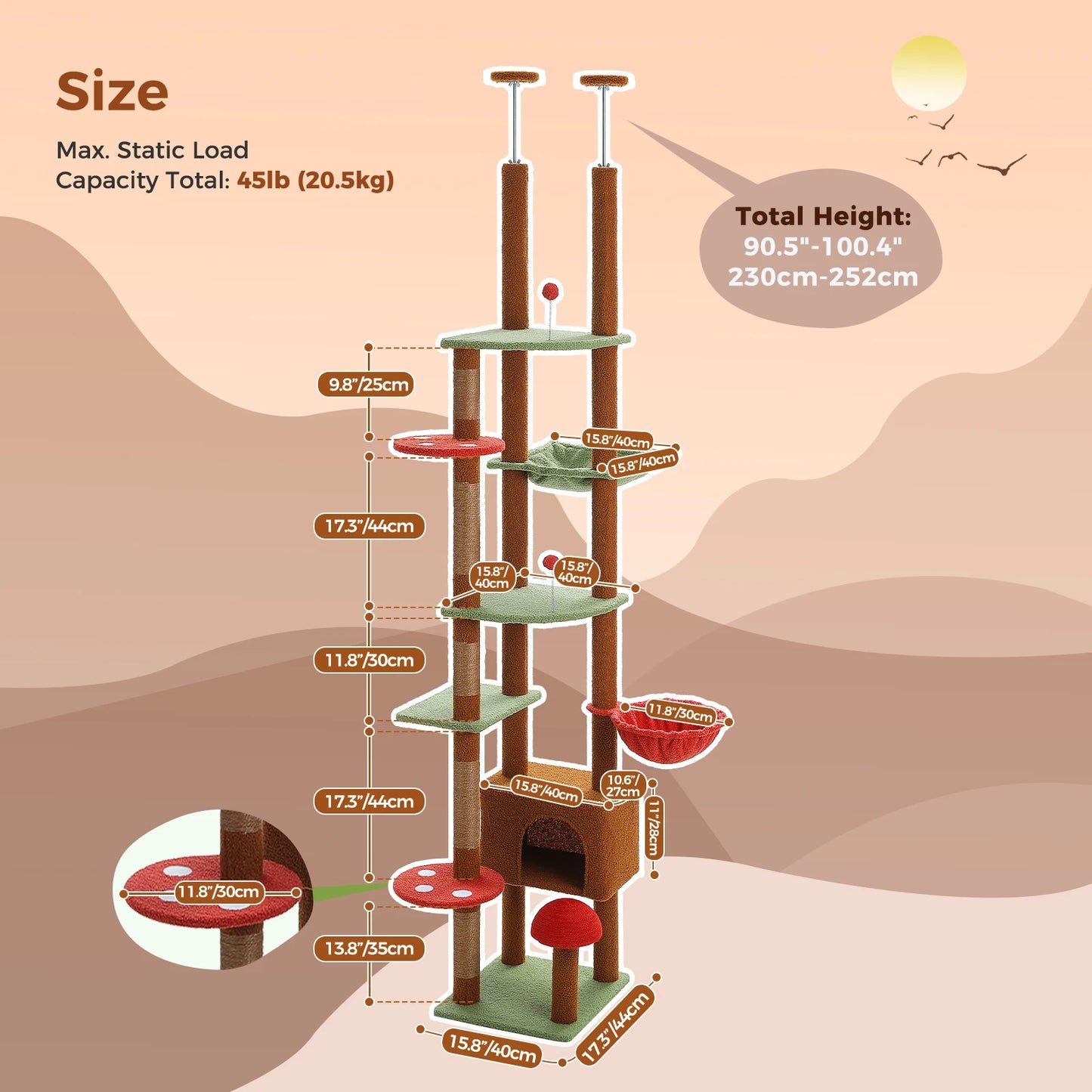 Height Adjustable Wooden Cat Tree with Large Hammock, Sisal Scratching Posts ,Floor to Ceiling Cat Tower ,Cozy Cat Condo for Indoor