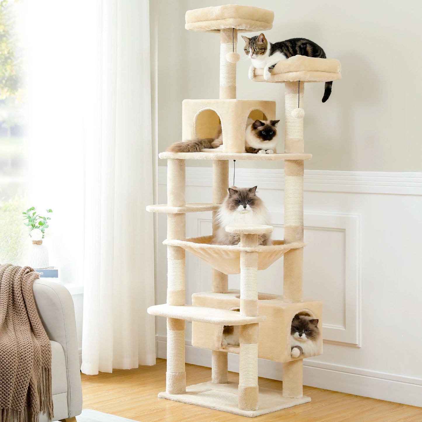 Multi-Level Cat Tree Tower with Scratching Posts &  Board , Hammock, Cat Condo, Spacious Top Perch,Dangling Balls for Indoor Cats