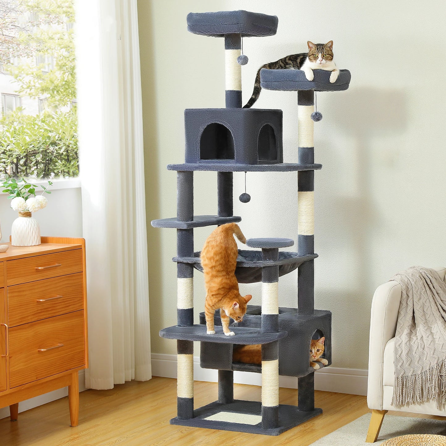 Multi-Level Cat Tree Tower with Scratching Posts &  Board , Hammock, Cat Condo, Spacious Top Perch,Dangling Balls for Indoor Cats