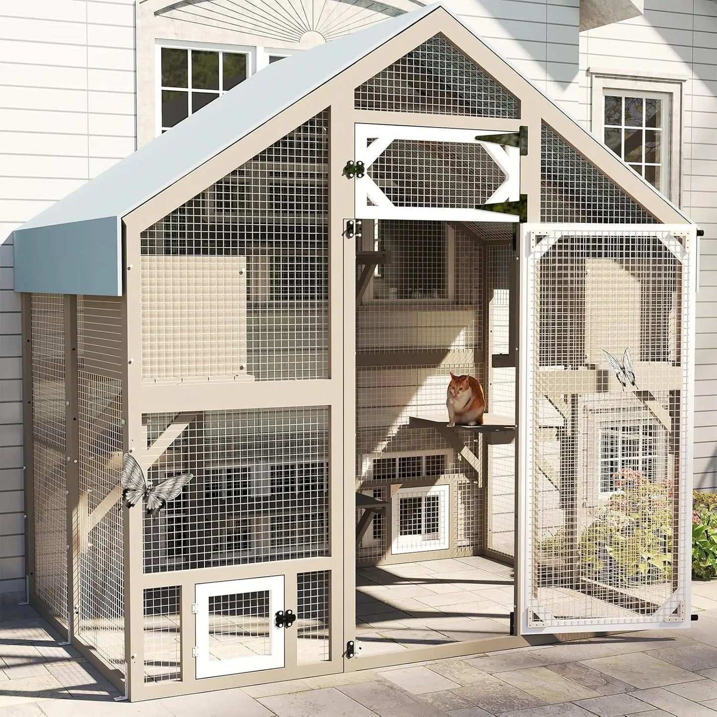 71" H Catio Outdoor Cat Enclosure Weatherproof, Large Walk-in Cat House Attached Window for Multiple Cats, Customized