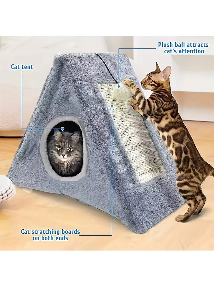 Pet bed suitable for cats under 15 pounds, with plush toy ball and cat scratching board