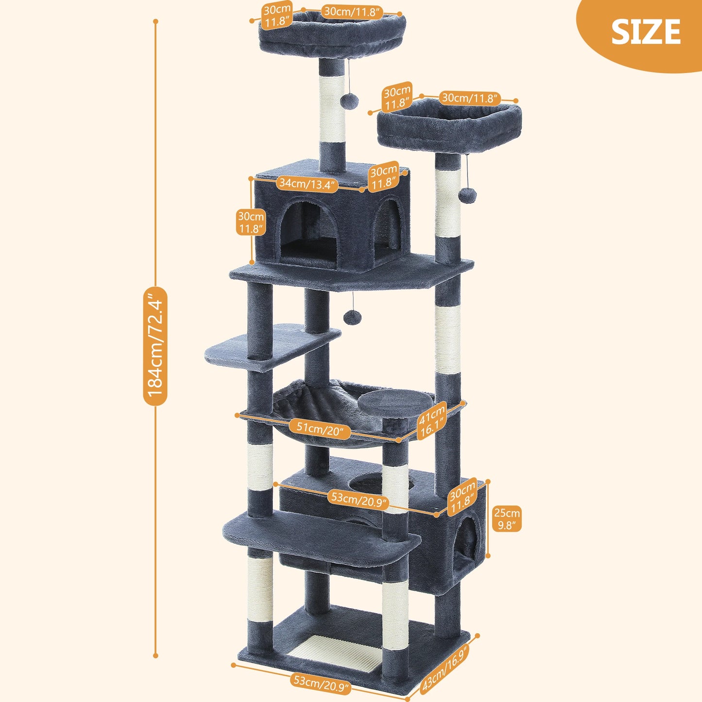 Multi-Level Cat Tree Tower with Scratching Posts &  Board , Hammock, Cat Condo, Spacious Top Perch,Dangling Balls for Indoor Cats