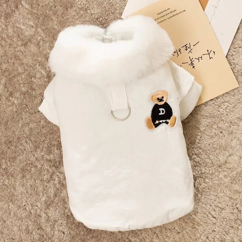 Winter Dog Clothes Luxury Bear Print Fur Collar Windproof Jacket, Chihuahua, Yorkies ,Warm Coat Puppy Outfit ,Clothing Pet Costume
